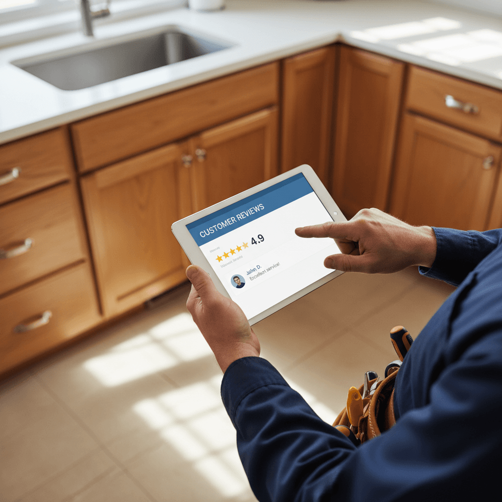 Tradesperson's hands holding tablet showing booking interface with customer reviews in residential kitchen