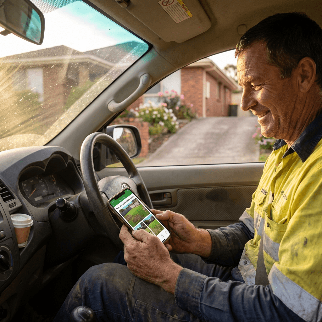 Smiling worker in high-visibility shirt viewing lawn photos on a smartphone inside a car.
