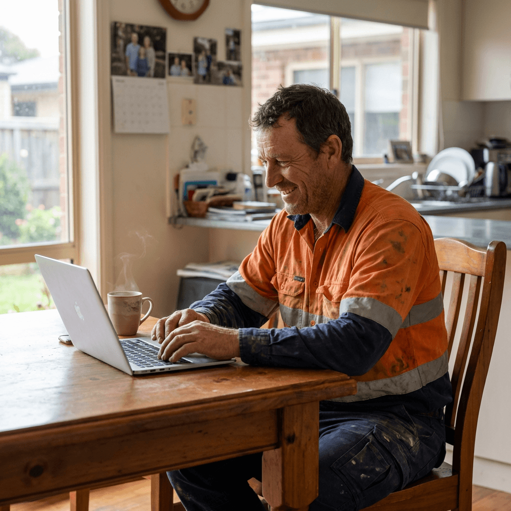 Smiling man in high-visibility workwear types on a laptop at a wooden kitchen table.