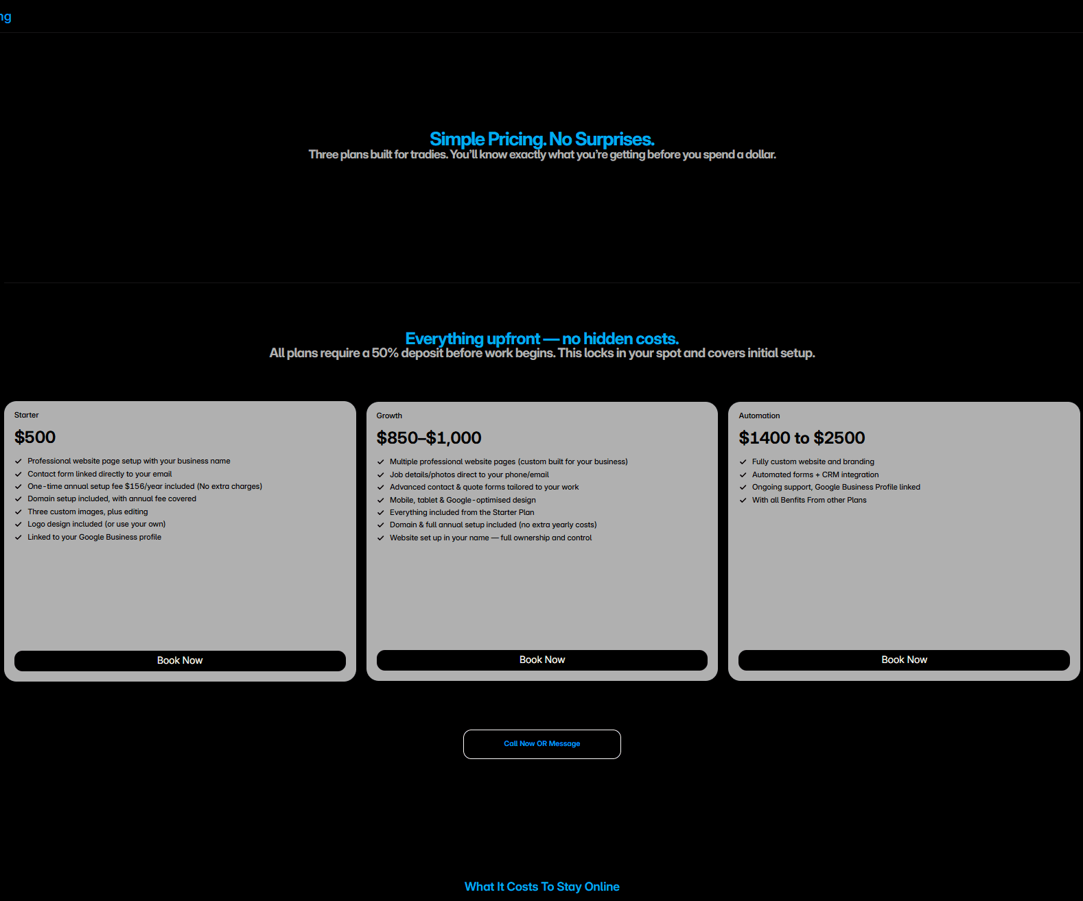Pricing table for website services showing Starter, Growth, and Automation plans with transparent costs.